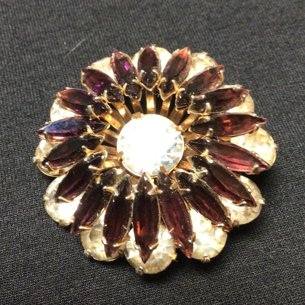 Amazing Vintage Prong-Set Faux Amethyst & Diamond Multi-Layered Brooch-Unsigned